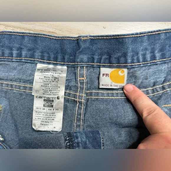 Carhartt FR Denim Blue Work Jeans Relaxed Fit Men 44x30 Workwear FRB100DNM USA - Picture 6 of 9